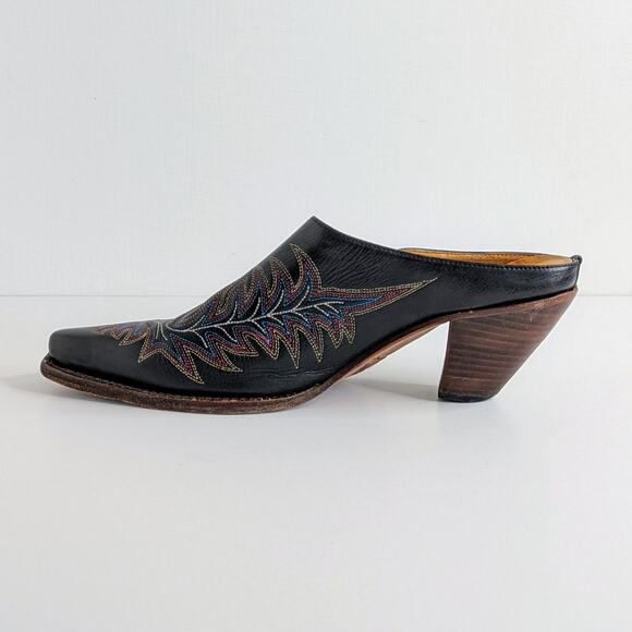 Charlie 1 Horse Shoes Womens 8.5 Black Mules Heels Leather Cowboy Slip On Pointy - Picture 9 of 16